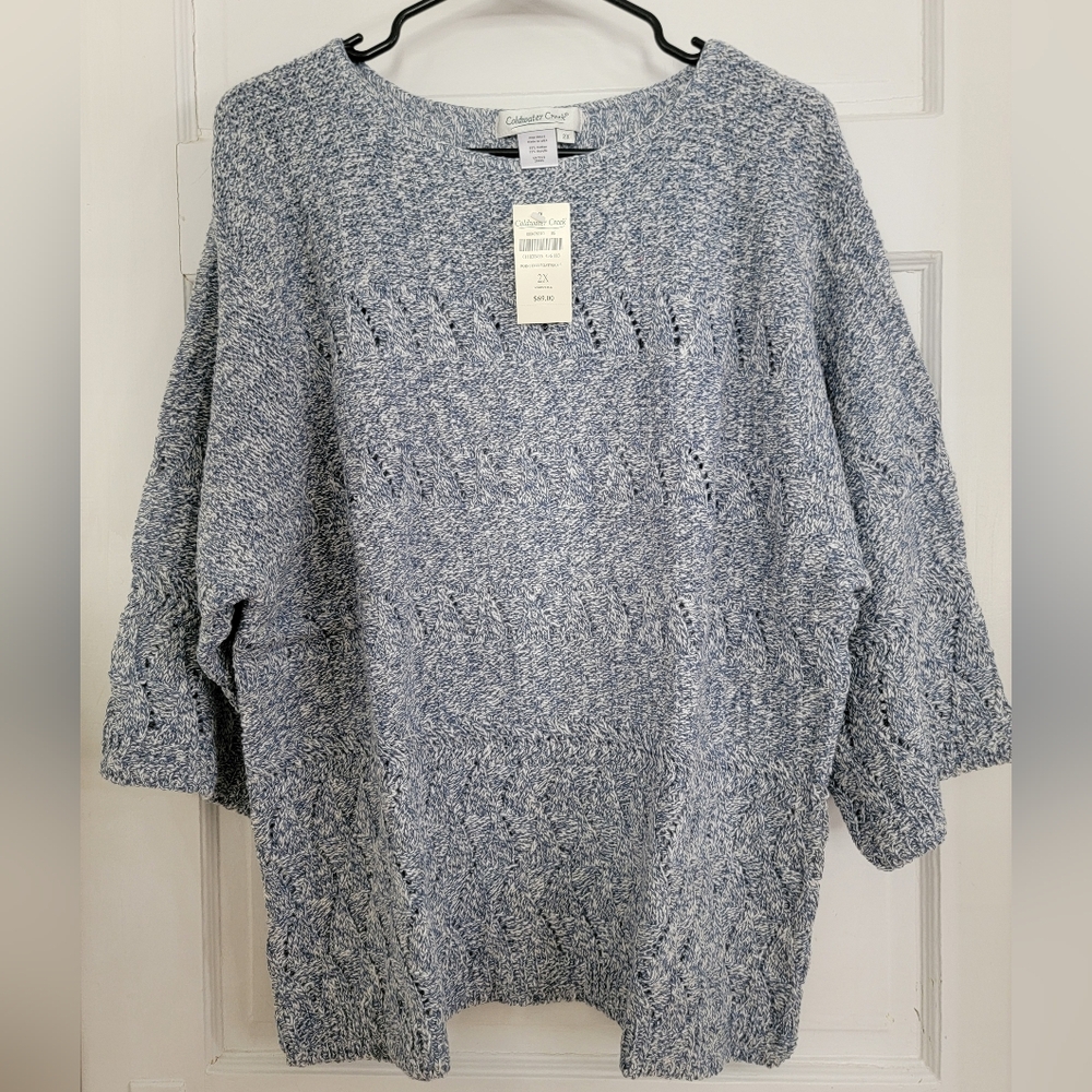 Coldwater Creek Women's Heathered Blue Pointelle Boatneck Sweater